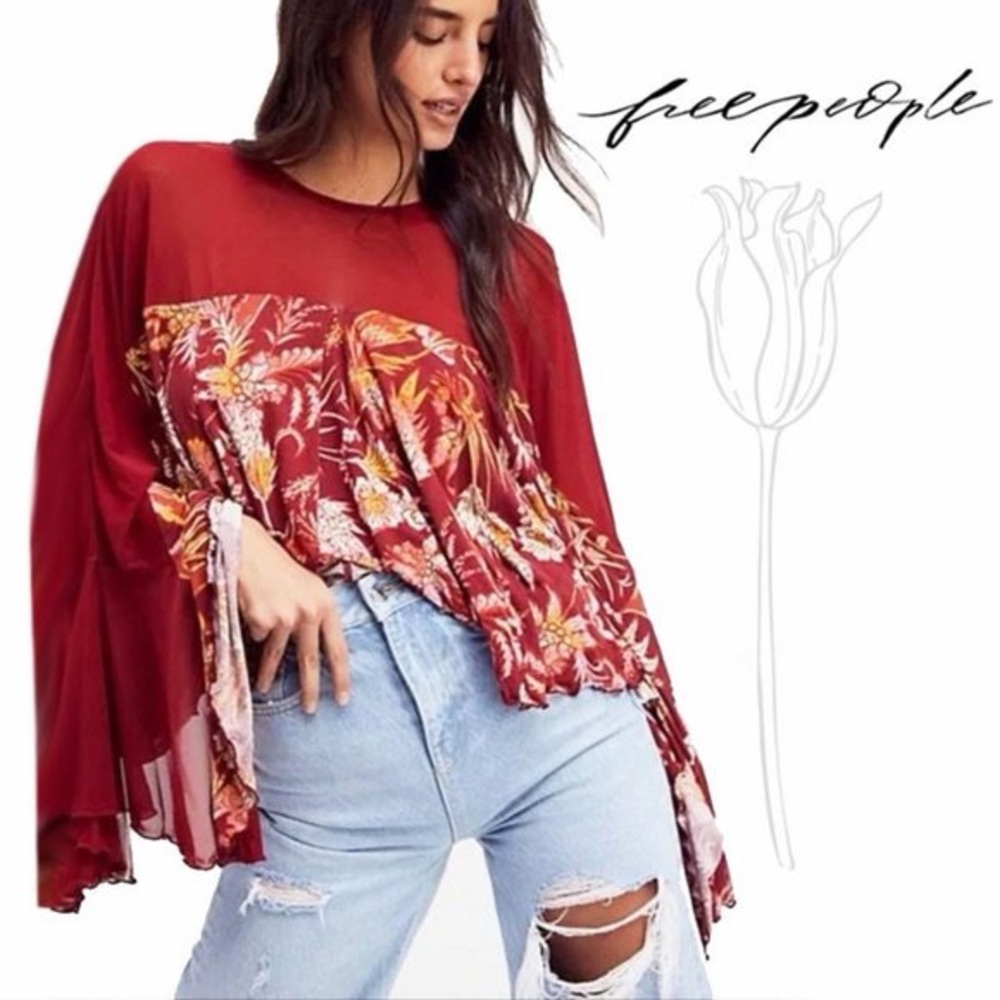 Free People Red Floral Blouse